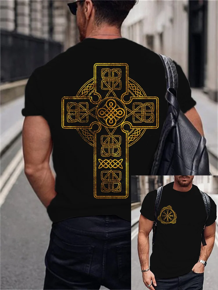 Broswear Men's Helm Of Awe & Celtic Cross Golden Graphic T Shirt