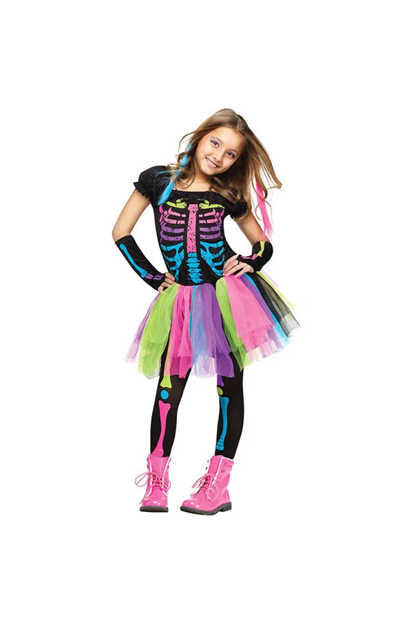 Halloween Dress Neon Skeleton Girl Costume Multicolour-elleschic