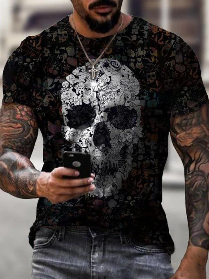 Men's round neck casual skull print loose short sleeve T-shirt