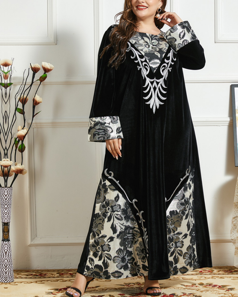 Fashionable long-sleeved temperament black stitching velvet flower color ethnic style dress