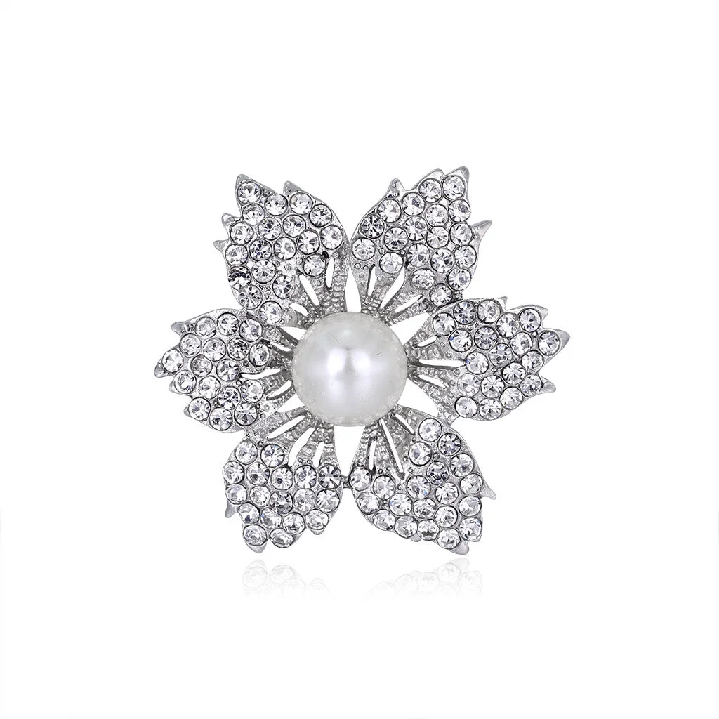 Women's Korea Simple Alloy Rhinestone Flower Pearl Brooch