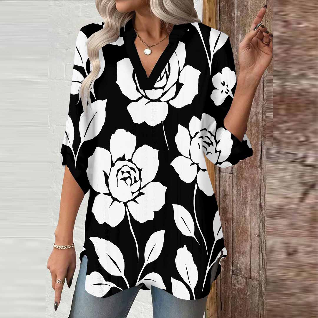 Women Floral, Black, White DZGA0149 3/4 Sleeve V-neck Printed Graphic Button Tops
