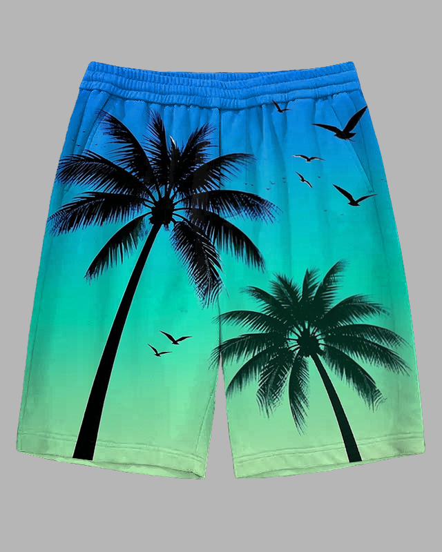 Men's Big Size Casual Gradient Hawaiian Fashion Coconut Tree Printed Outdoor Shorts