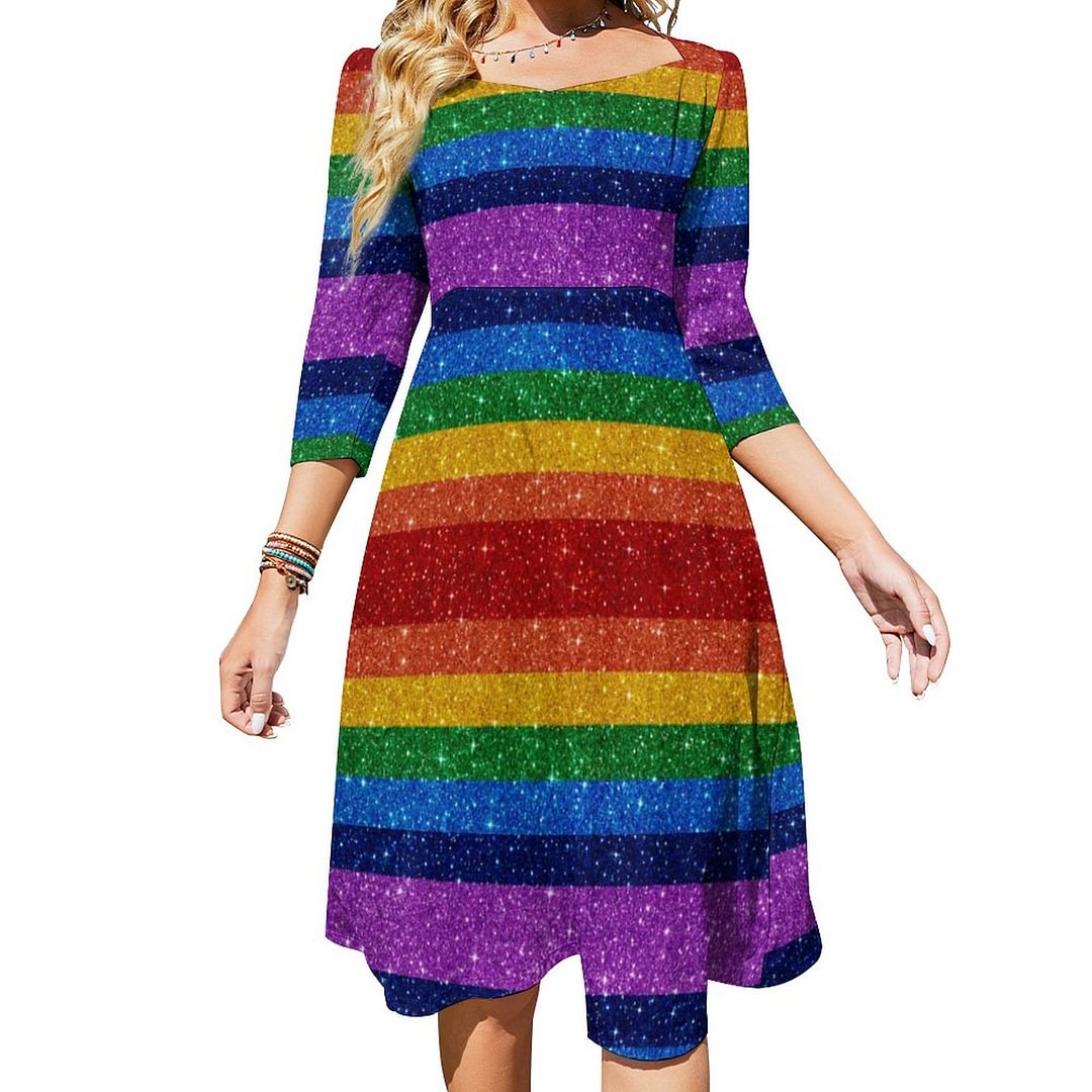 Bling Me Up Rainbow 5 Pop Fashion Dress Sweetheart Tie Back Flared 3/4 Sleeve Midi Dresses