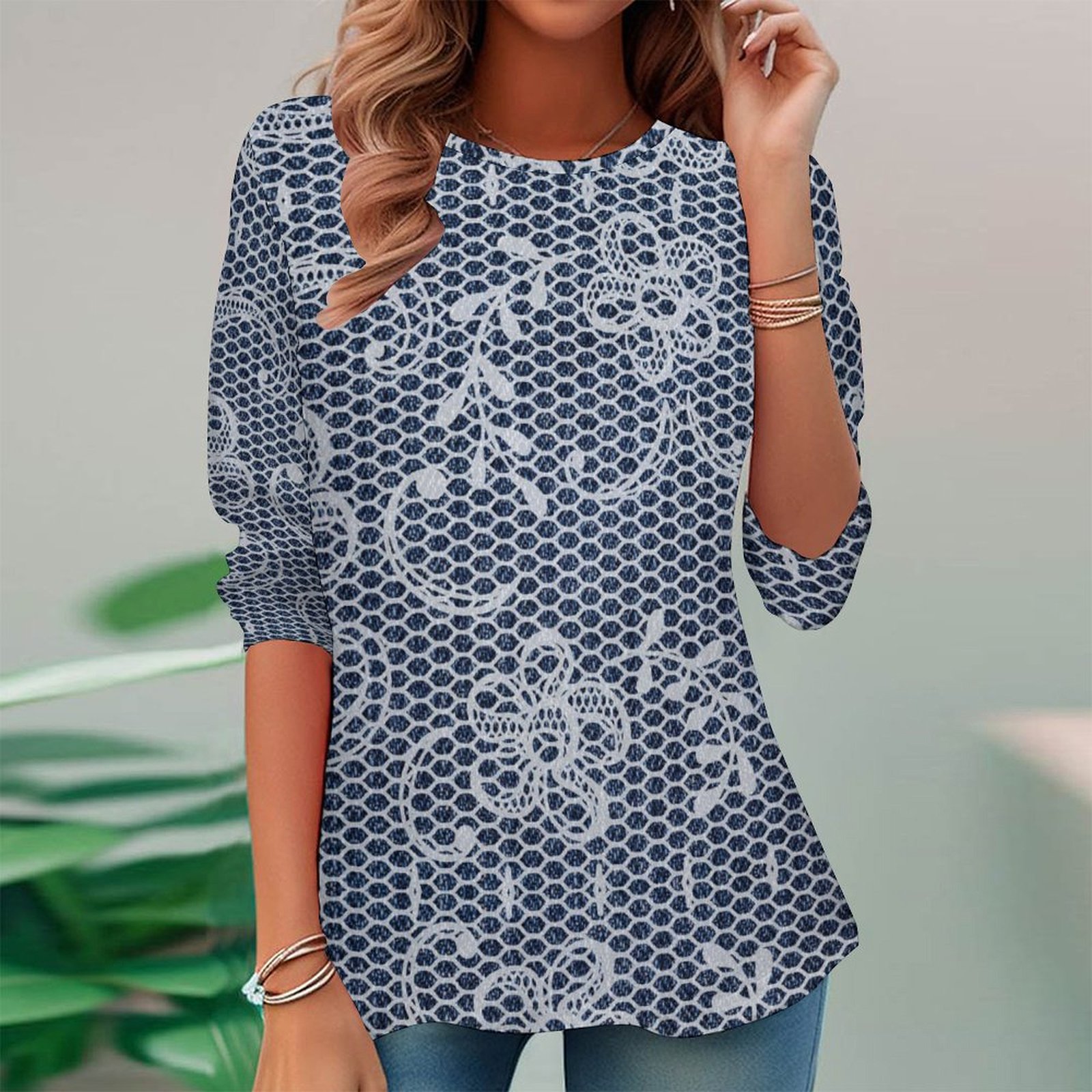 Women Long Sleeve V-neck Graphic Floral Printed Top