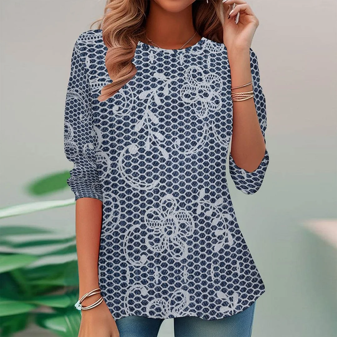 Full Printed Long Sleeve Plus Size Tunic for  Women Pattern Denim,Floral