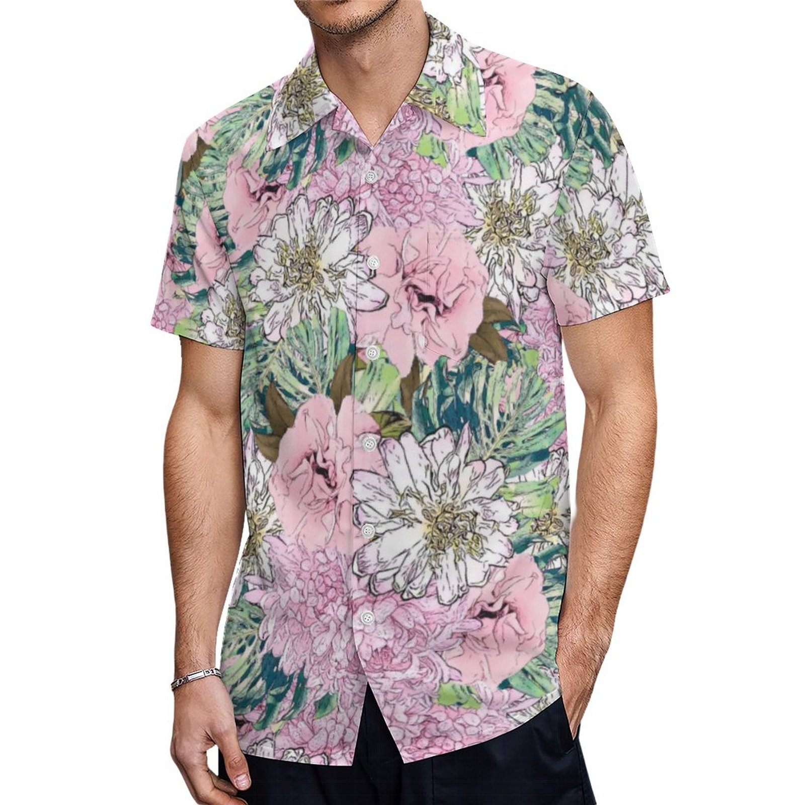 Cute Girly Blush Pink White Floral Illustration Hawaiian Shirt Mens Button Down Tropical Hawaii Beach Shirts