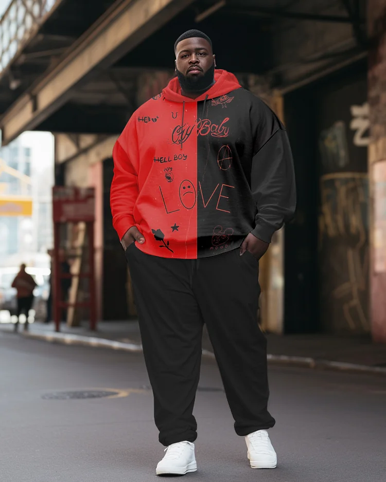 Men's Plus Size Casual Hip Hop Graffiti Love emoji Long Sleeve Hoodie Set