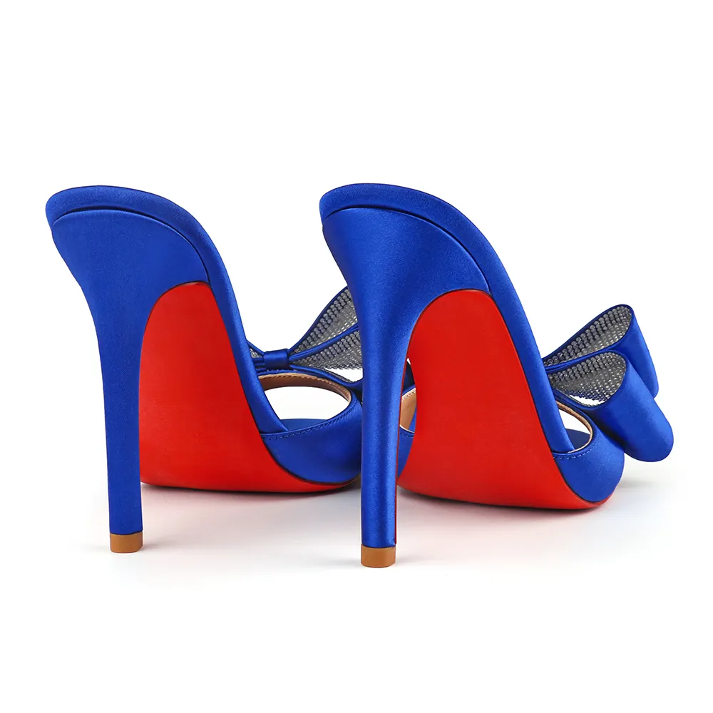 100mm/3.94 Inch Women's High Heel Mules Rhinestone Bowknot Backless Stiletto Heel Slippers Sexy Summer Heeled Red Bottom Sandals-vocosishoes