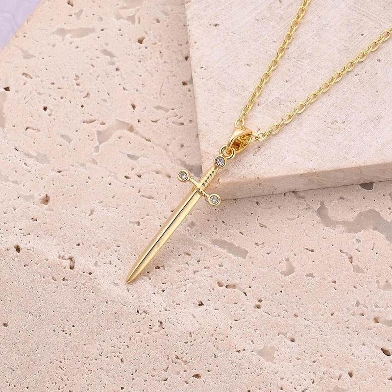 Classical Minimalist Classic Style Sword Heart Shape Simple Copper Zircon 18K Gold Plated Polishing Inlay Pendant Necklace