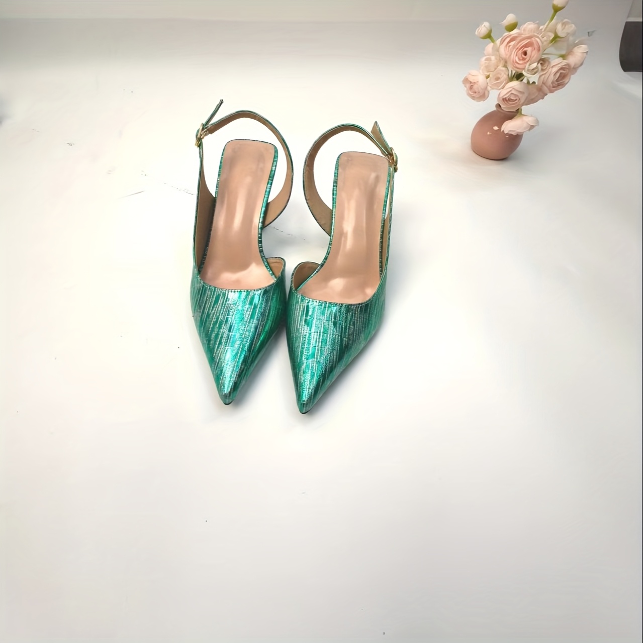 Emerald Green Strappy Pointed-Toe High Heel Sandals With Unique Flared Stiletto Heel - Synthetic Cover Women's Dress Shoes For Parties, Weddings & Formal Events, Sandal Heels, Wedding Guest Shoes, Sophisticated Shoe Design, Glossy Finish Shoes | IFYHOME