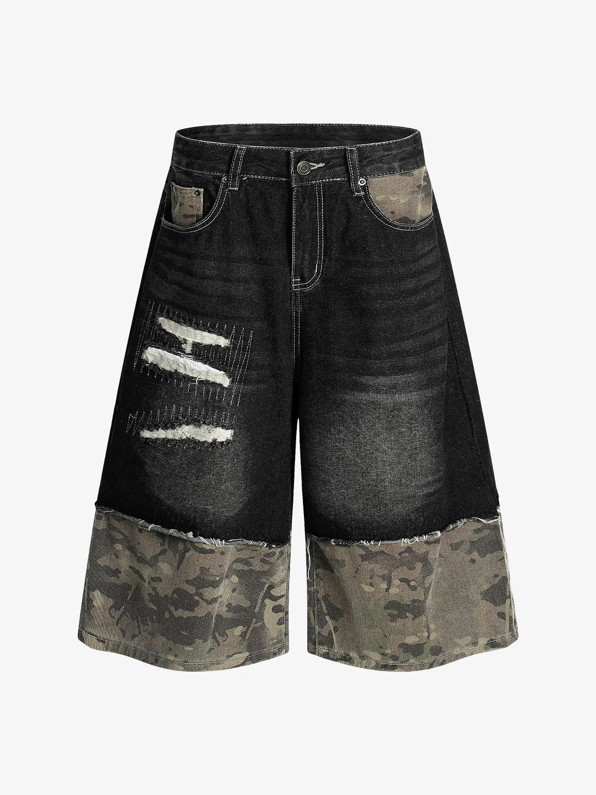 Black Act Chic Washed Camo Distressed Patchwork Longline Jorts Front