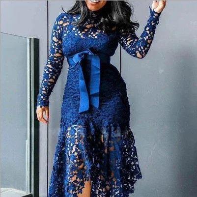 Uveng Uveng New Women's Lace Lace Hollow Long Sleeve Tie 5 Color Irregular Dress