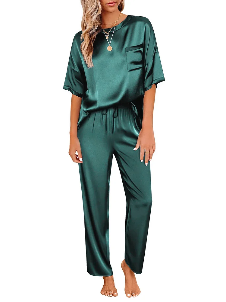 DAKIMOE Womens Silk Satin Pajama Set Short Sleeve Shirt with Long Pajama Pant Set Two-piece Pj Sets Soft Sleepwear Loungewear Nightwear Button-Down Pjs S-2XL