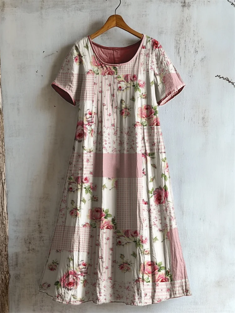 Simpfit Vintage Cottagecore Floral Patchwork Nachahmung aus Baumwolle und Leinenkleid