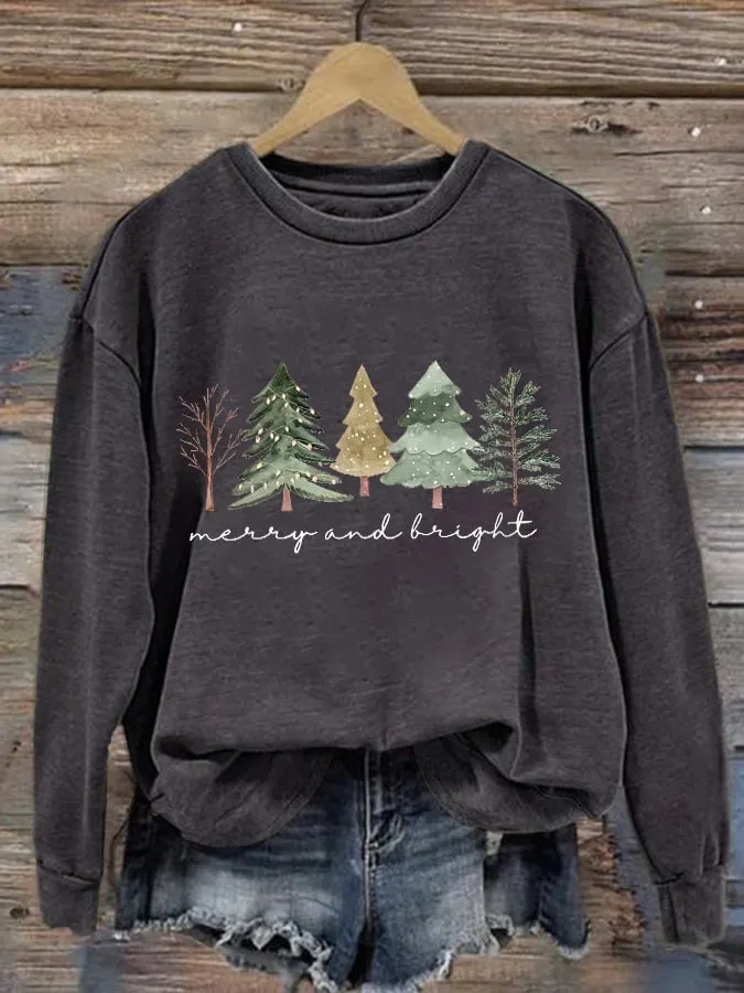 Women's Casual Merry And Bright Print Long Sleeve Sweatshirt
