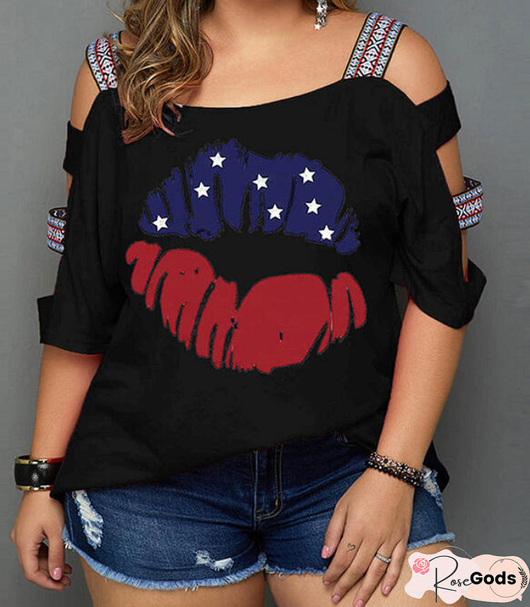 Print Cold Shoulder 3/4 Sleeves Casual Plus Size Blouses