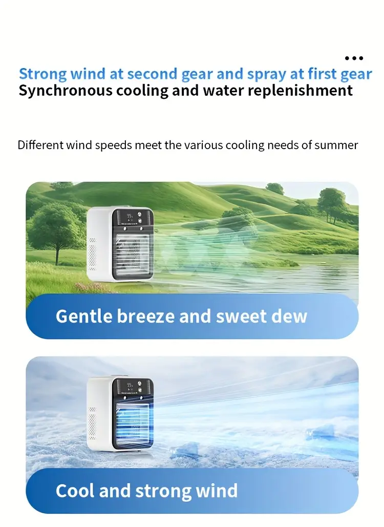 2025 new cooled fan with ice cooling portable desktop spray humidifier rechargeable or usb powered 2 battery capacity 3000mah square shape 36v or below no portable air cooler modern aesthetic durable build quality portable air cooler Product details 8