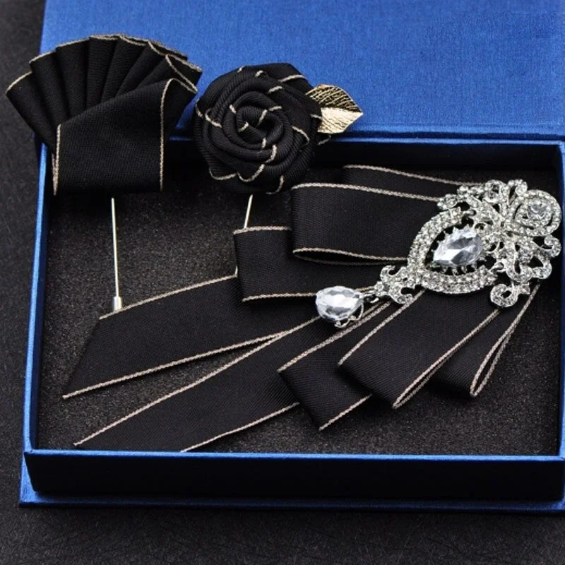 High-quality Fashion Handmade Red Diamond Bow Tie Wedding Collar Bowtie Brooch Pocket Towel Square Set Gifts for Men Accessories