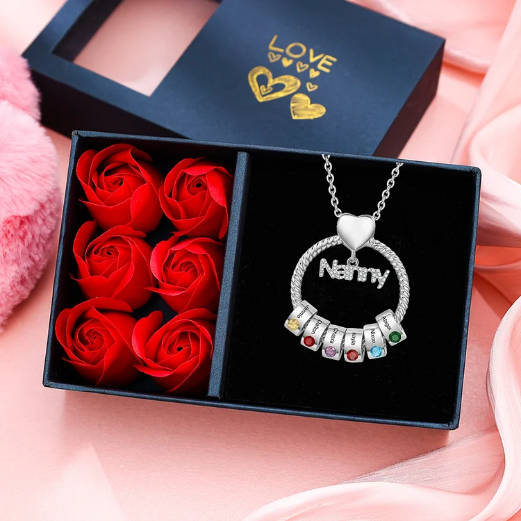 6 Names-Personalized Nanny Circle Necklace With 6 Birthstones Pendant Engraved Names Gift Set With Rose Gift Box For Nanny