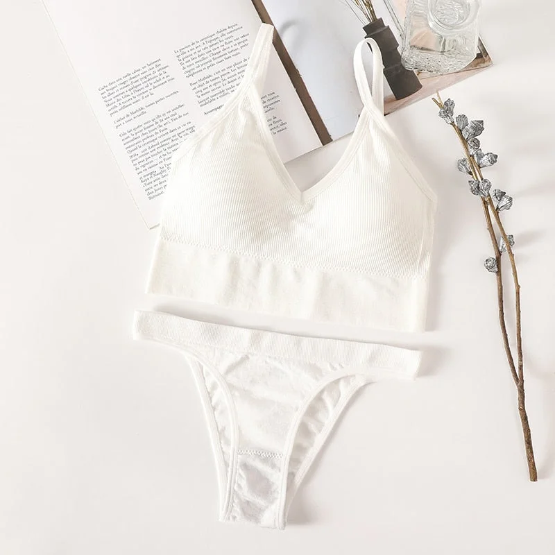 Women Bra Panties Set Sexy G-String Push Up Bra Crop Top Seamless Underwear Fitness Active Bra Top Thongs Female Lingerie Set