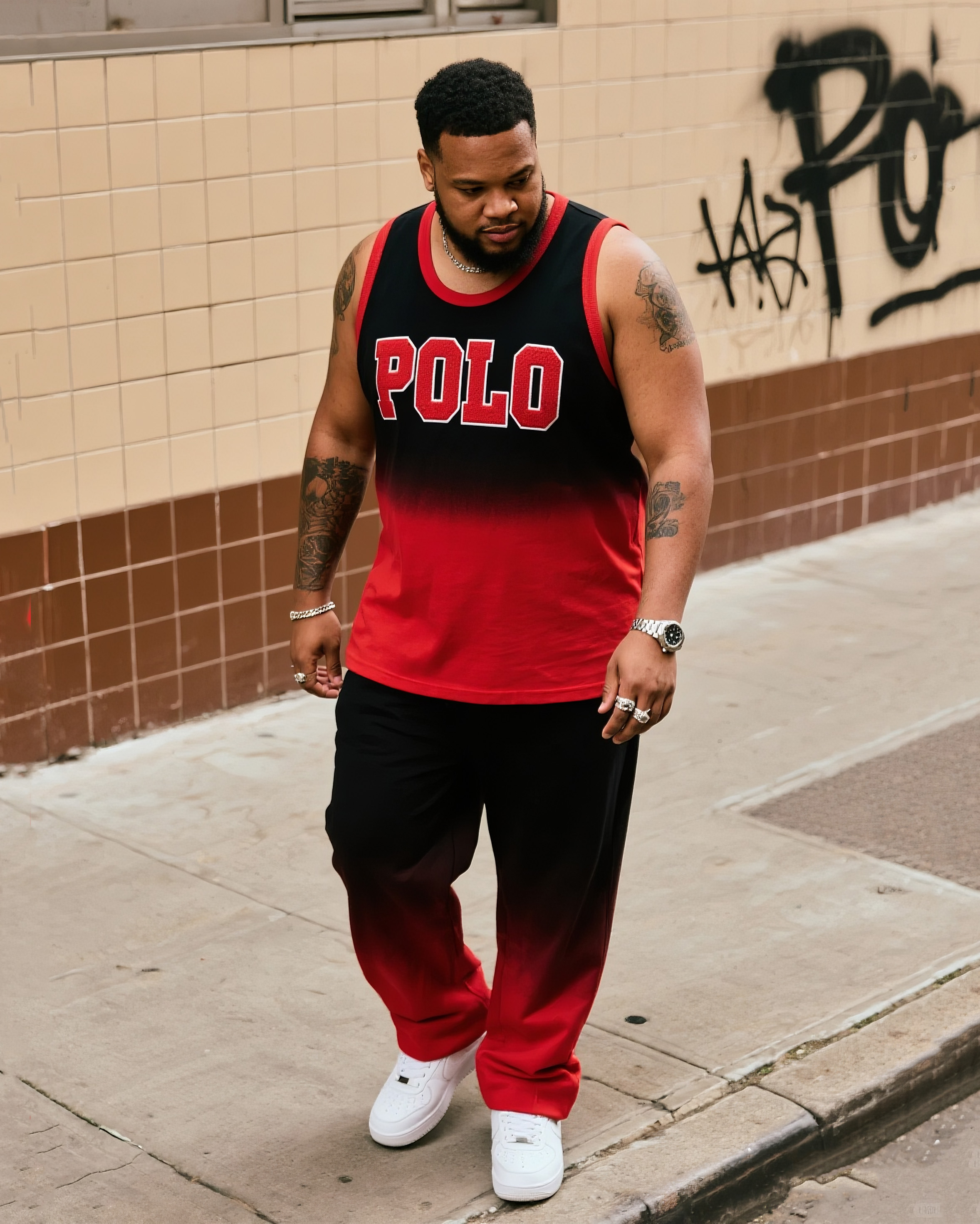 Men's Plus Size Daily Casual Black Red Gradient POLO Letter Vest Trousers Suit