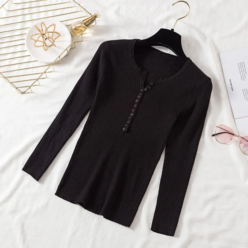 AOSSVIAO 2021 Autumn Winter Button V Neck Sweater Women Basic Slim Pullover Women Sweaters And Pullovers Knit Jumper Ladies Tops