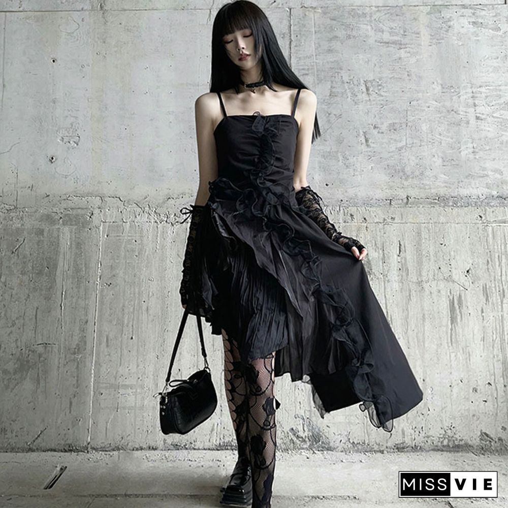 Irregular Lace Slip Dress Black