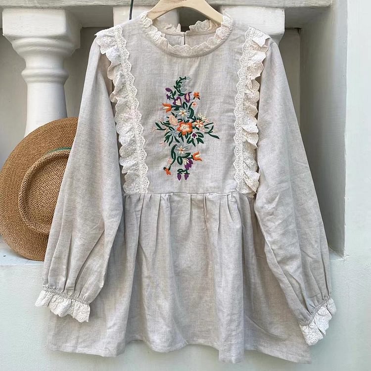 Queenfunky cottagecore style Cotton Linen Embroidered Shirt QueenFunky
