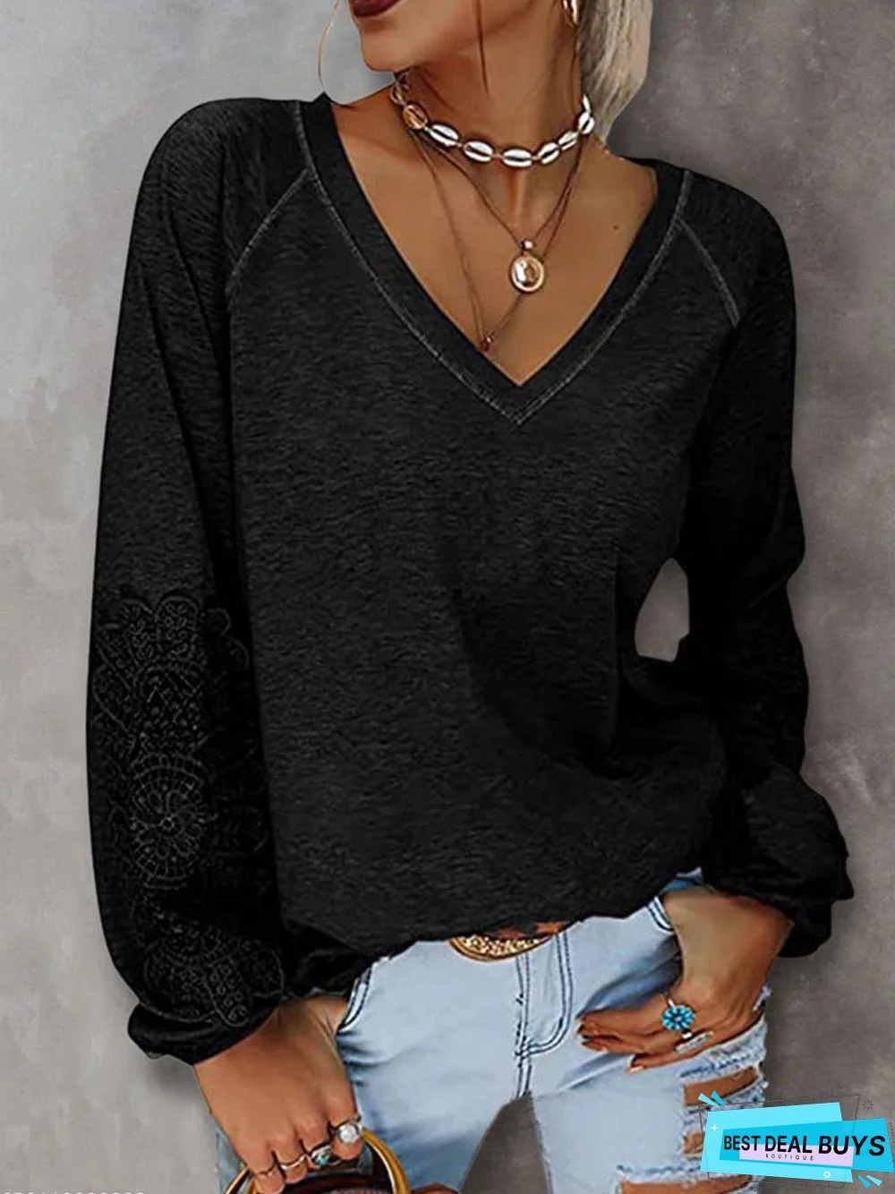 Fall/Winter Solid Color V-Neck Stitching Lace Lantern Sleeve T-Shirt