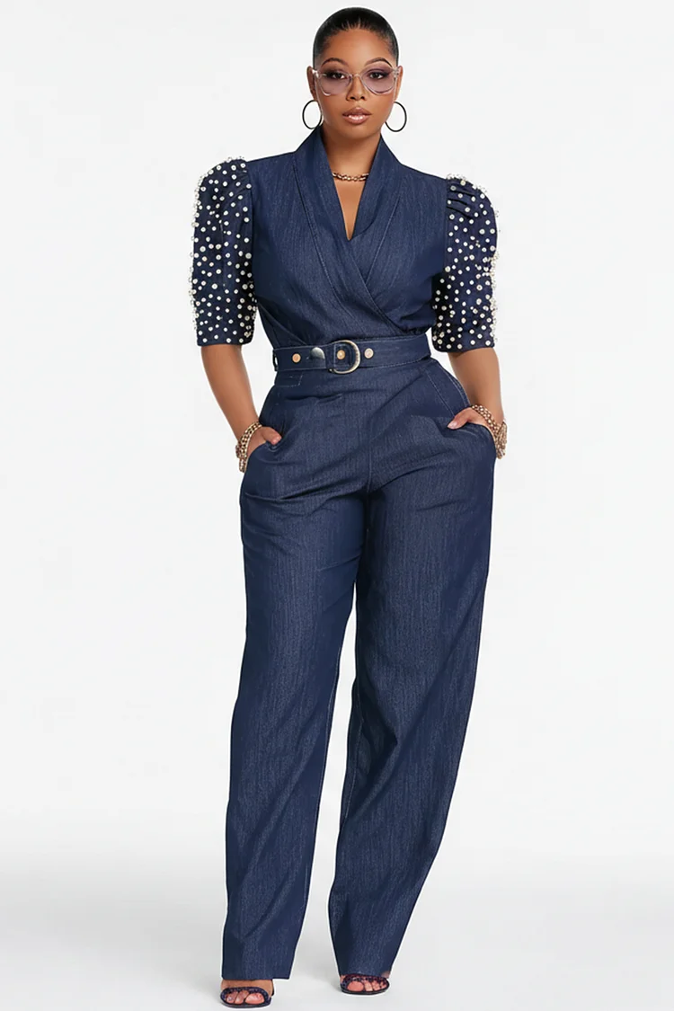 Xpluswear Design Plus Size Business Casual Blue Wrap Neck Short Sleeve Pocket Tencel Denim Jumpsuits [Pre-Order] 2024 - Xpluswear