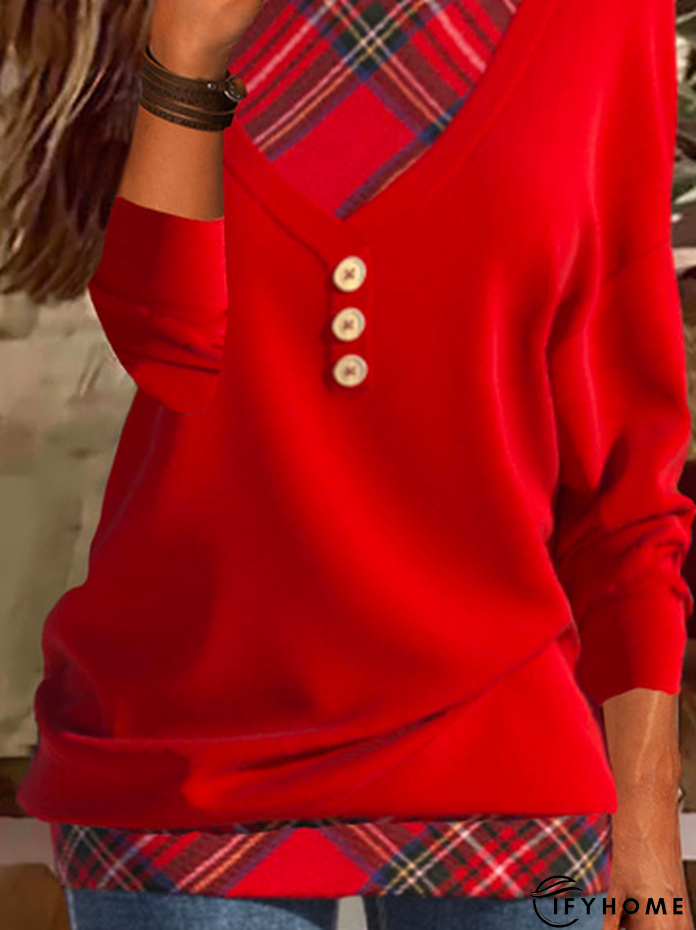 Casual Long sleeve Crew Neck Jersey Plaid Sweatshirt | IFYHOME