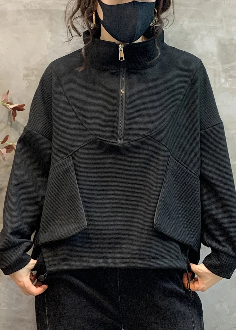 Simple Black Stand Collar Drawstring Pockets Warm Fleece Top Fall