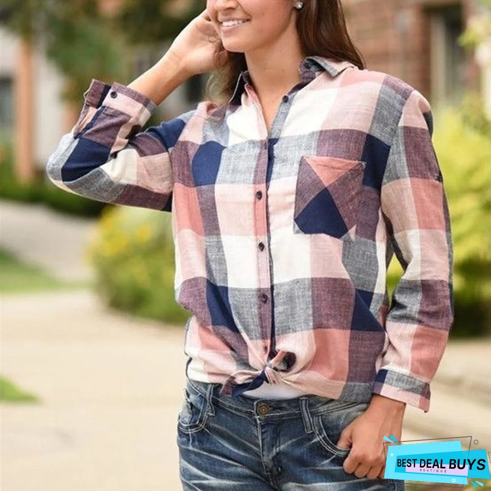 Fashion Women Casual Matching Color Long Sleeve Button Loose Plaid Shirt Top Blouse