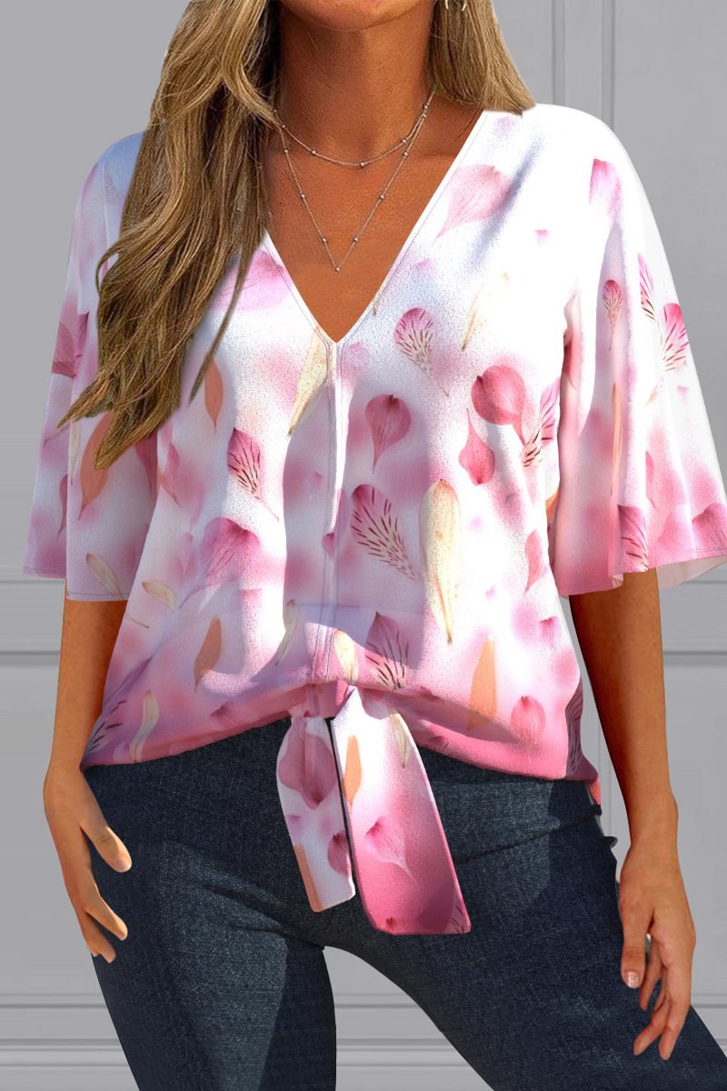 Plus Size V Neck Ombre Print Half Sleeve Lace Up Casual Blouse