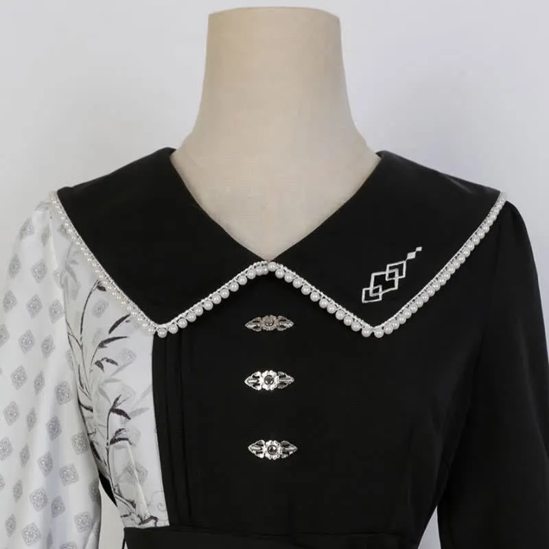 Vintage Bamboo Print Lapel Colorblock Dress
