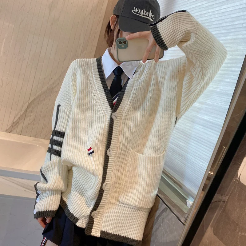 Ueong Ueong College Wind New Thick Needle Sweater Women In The Long V Collar Bump Color Autumn And Winter Loose Sweater Knitting Cardigan Women