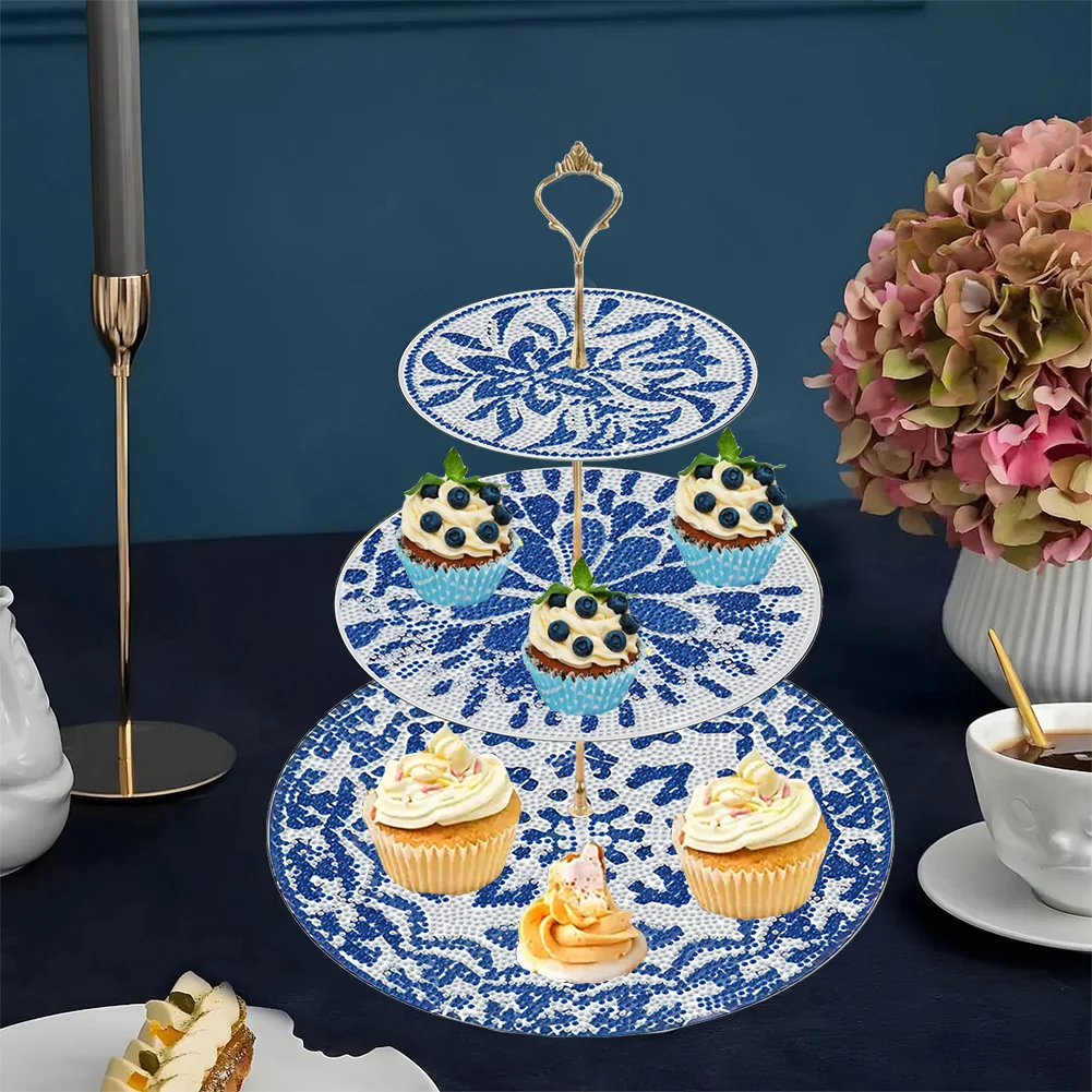3 Tier 5D DIY Blue White Acrylic Diamond Painting Cupcake Stand for Kitchen Table Decor 