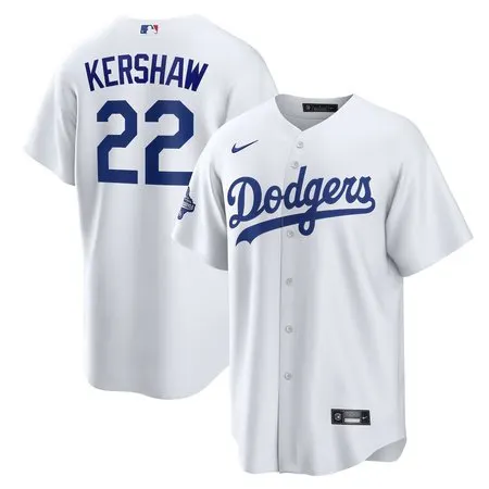 Youth Los Angeles Dodgers #22 Clayton Kershaw  White Home 2025 World Series Champions Replica Jersey