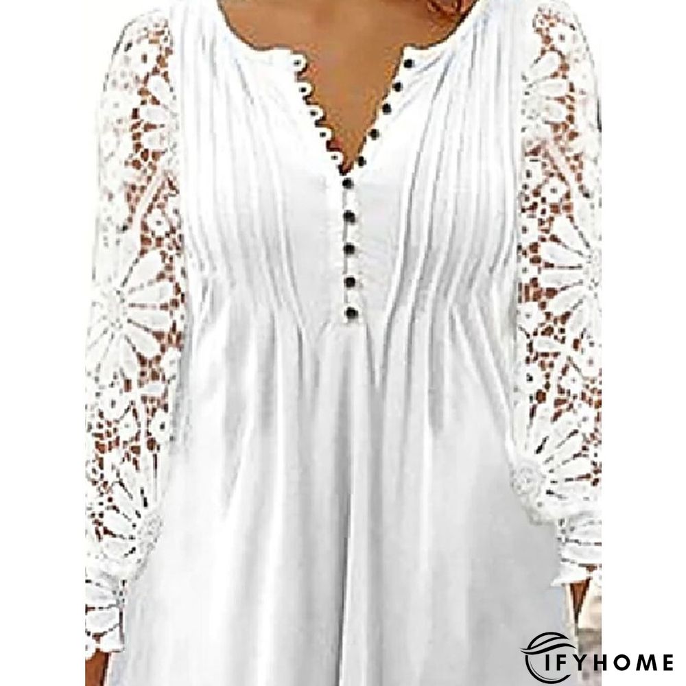 Women's Casual Dress Lace Dress Pleated Dress Plain Lace Button Crew Neck Midi Dress Basic Elegant Outdoor Daily Long Sleeve Regular Fit White Spring Summer S M L XL XXL | IFYHOME