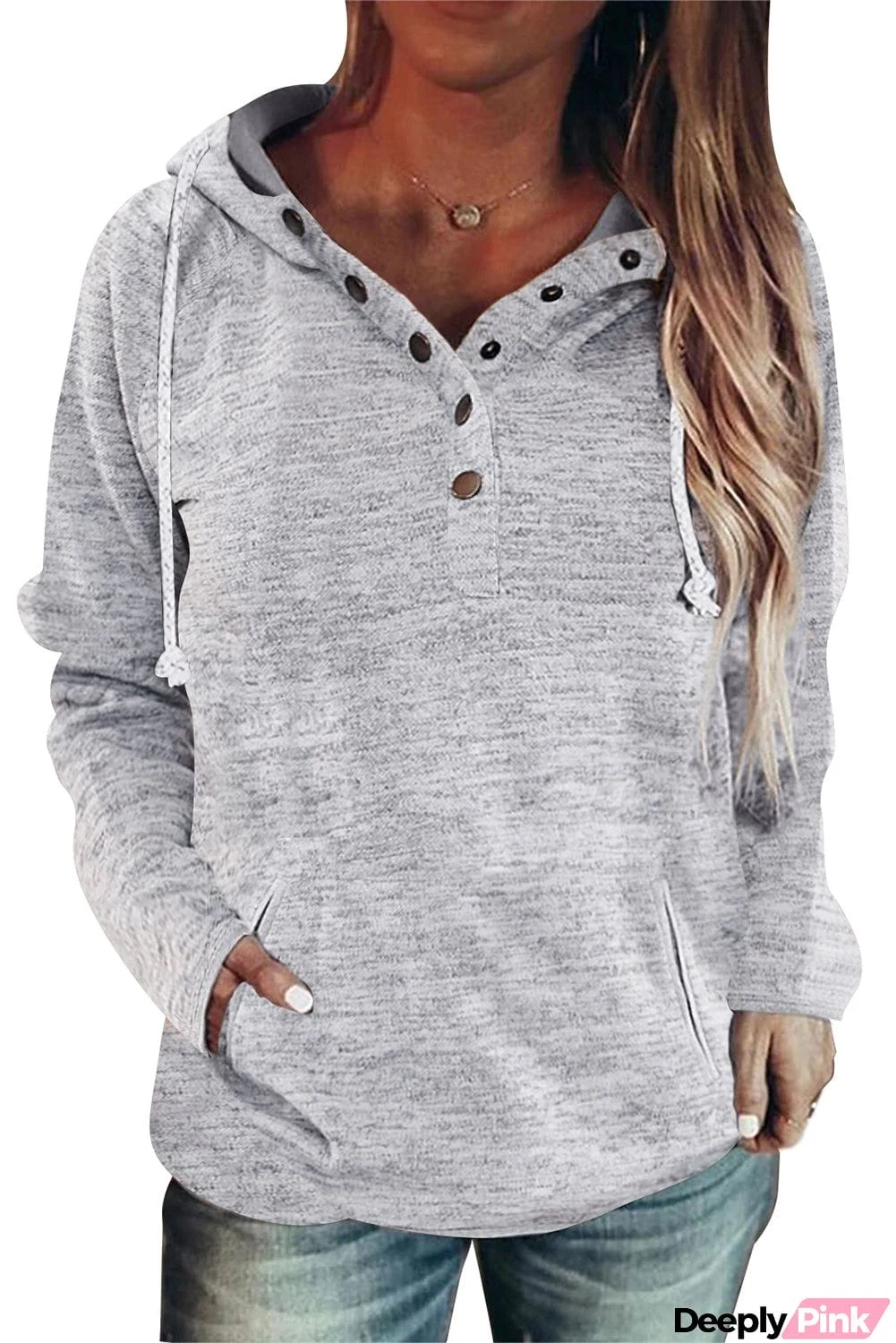 Heathered Print Button Snap Neck Pullover Hoodie