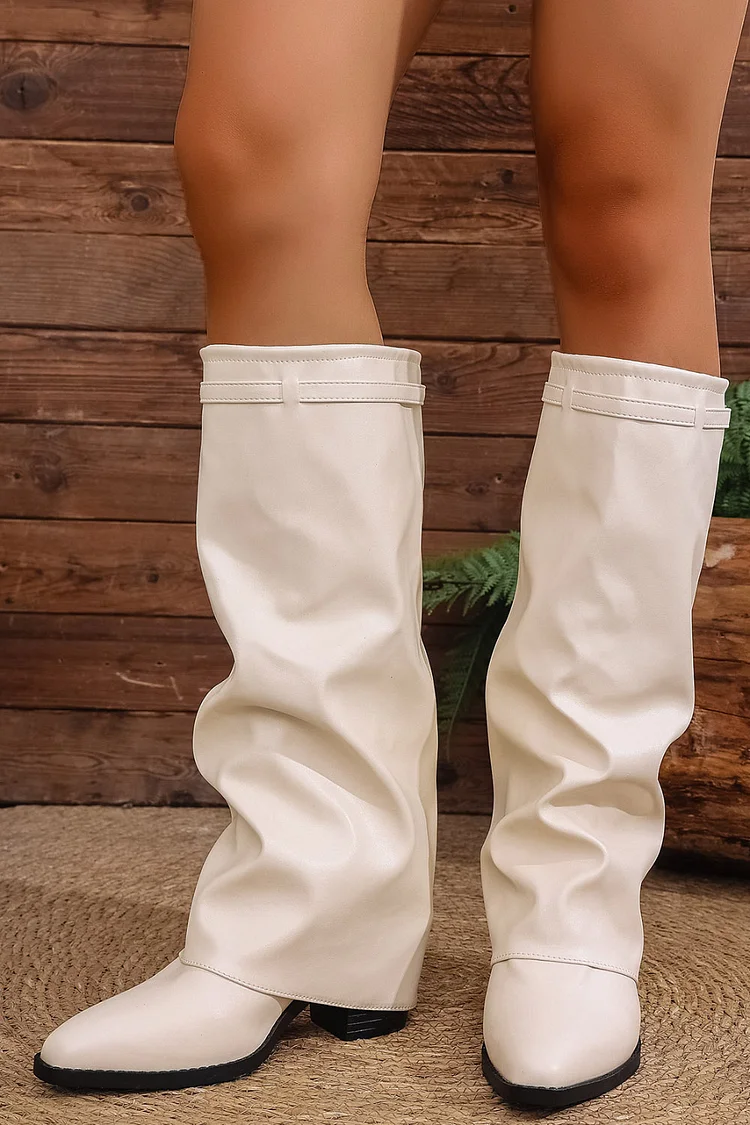 Daily Pointed Toe Folded Slouchy Strap PU Leather Chunky Heel Knee High Boots 2024 - Xpluswear