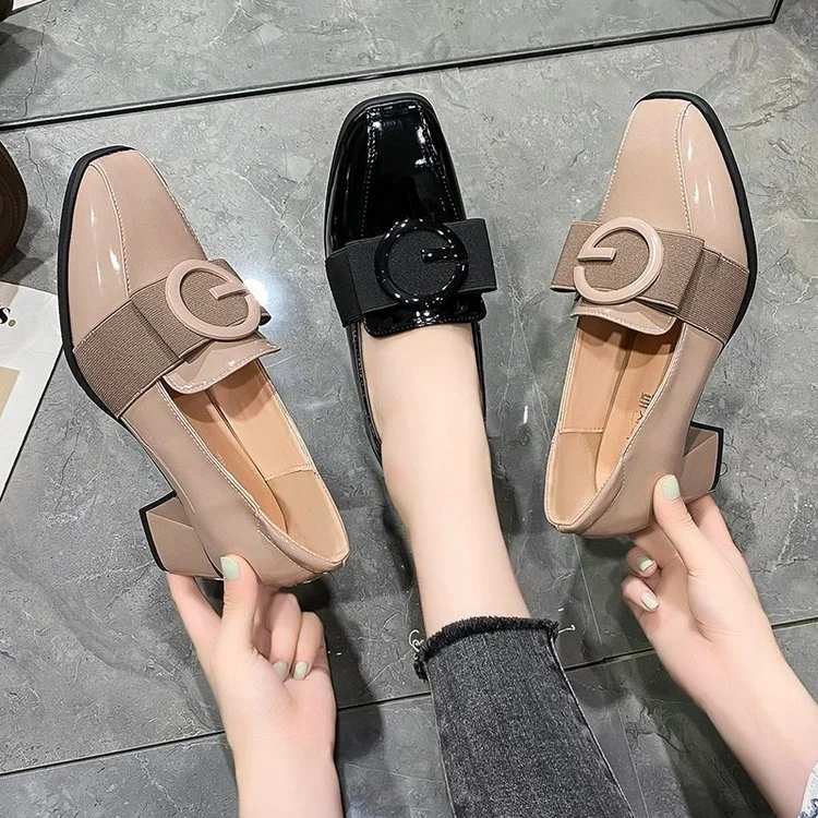 Wongn Wongn Women's Shoes Fashion Spell Color Square Head Patent Leather Small Leather Shoes Thick Heel Single Shoe Middle Heel Women's Shoes Work Shoes
