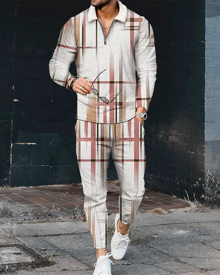 Men's Abstract Stripes Long Sleeve Zipped POLO Trousers Set  0274