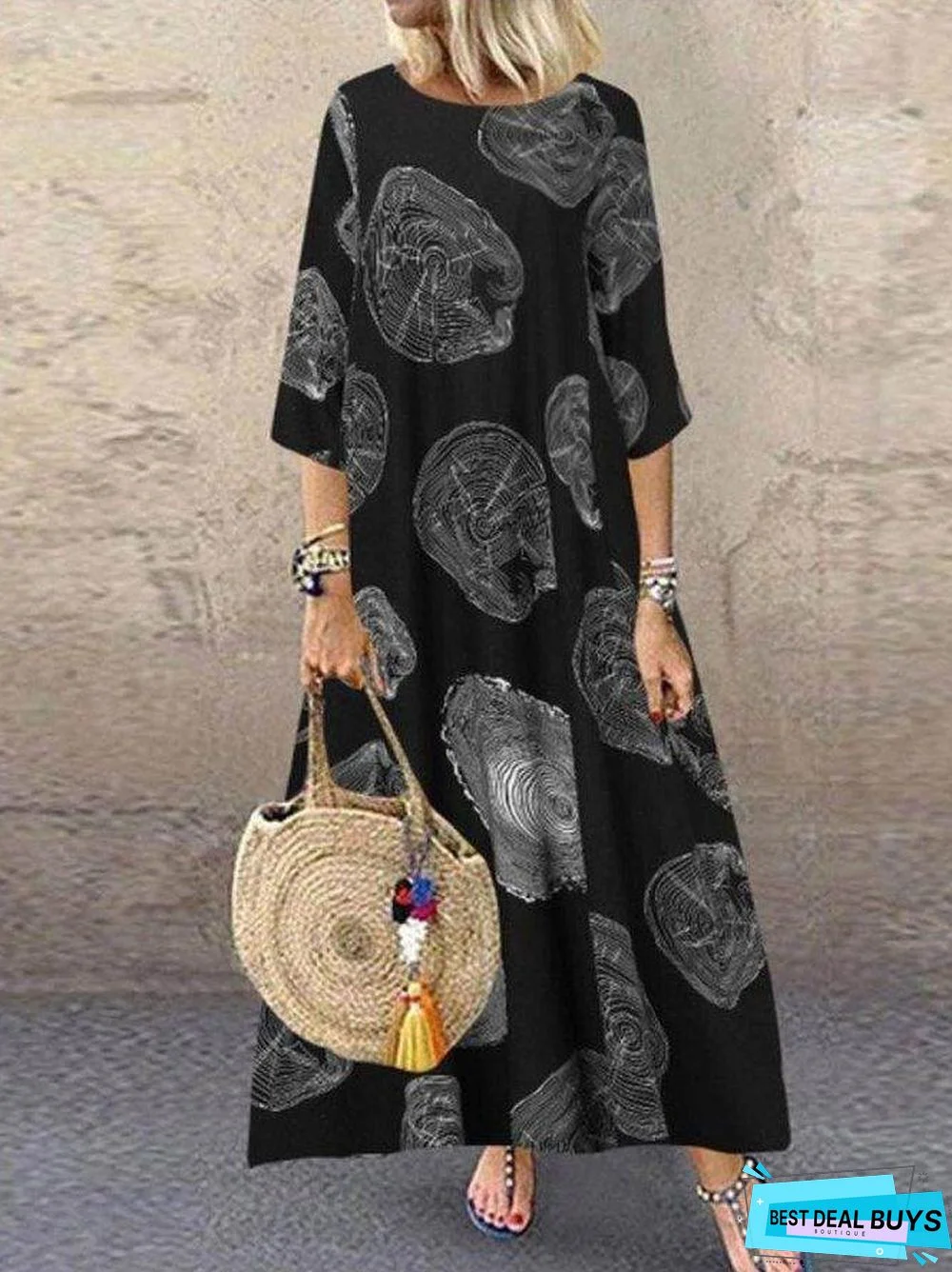 Vintage Cotton Print A-Line Round Neck Casual Maxi Dresses Black Dresses