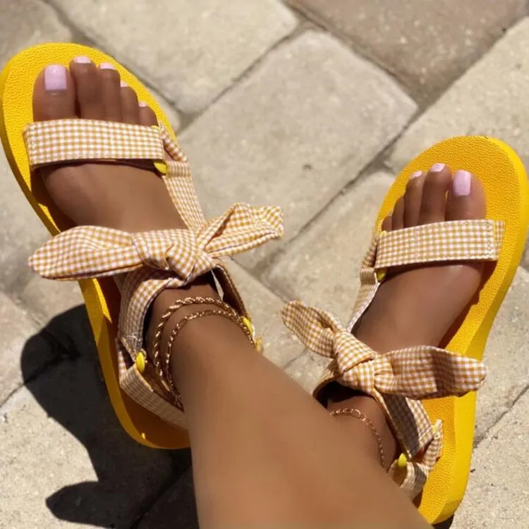 2021 Summer Bowknot Beach Sandals Woman Design Casual Women Flat Sandals Shoes Gingham Open Toe Sandalia  Mujer
