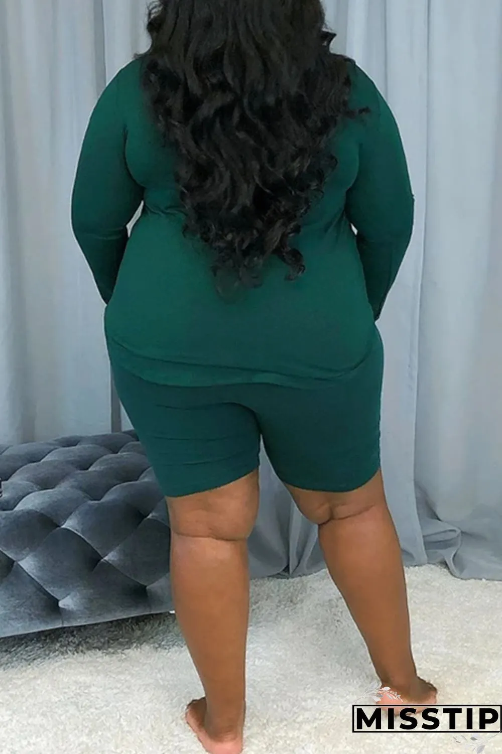 Ink Green Fashion Casual Patchwork Basic V Neck Plus Size Set