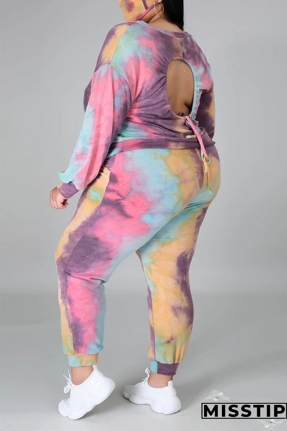 multicolor Fashion Casual Print Tie Dye Tie-dye Backless O Neck Plus Size Set
