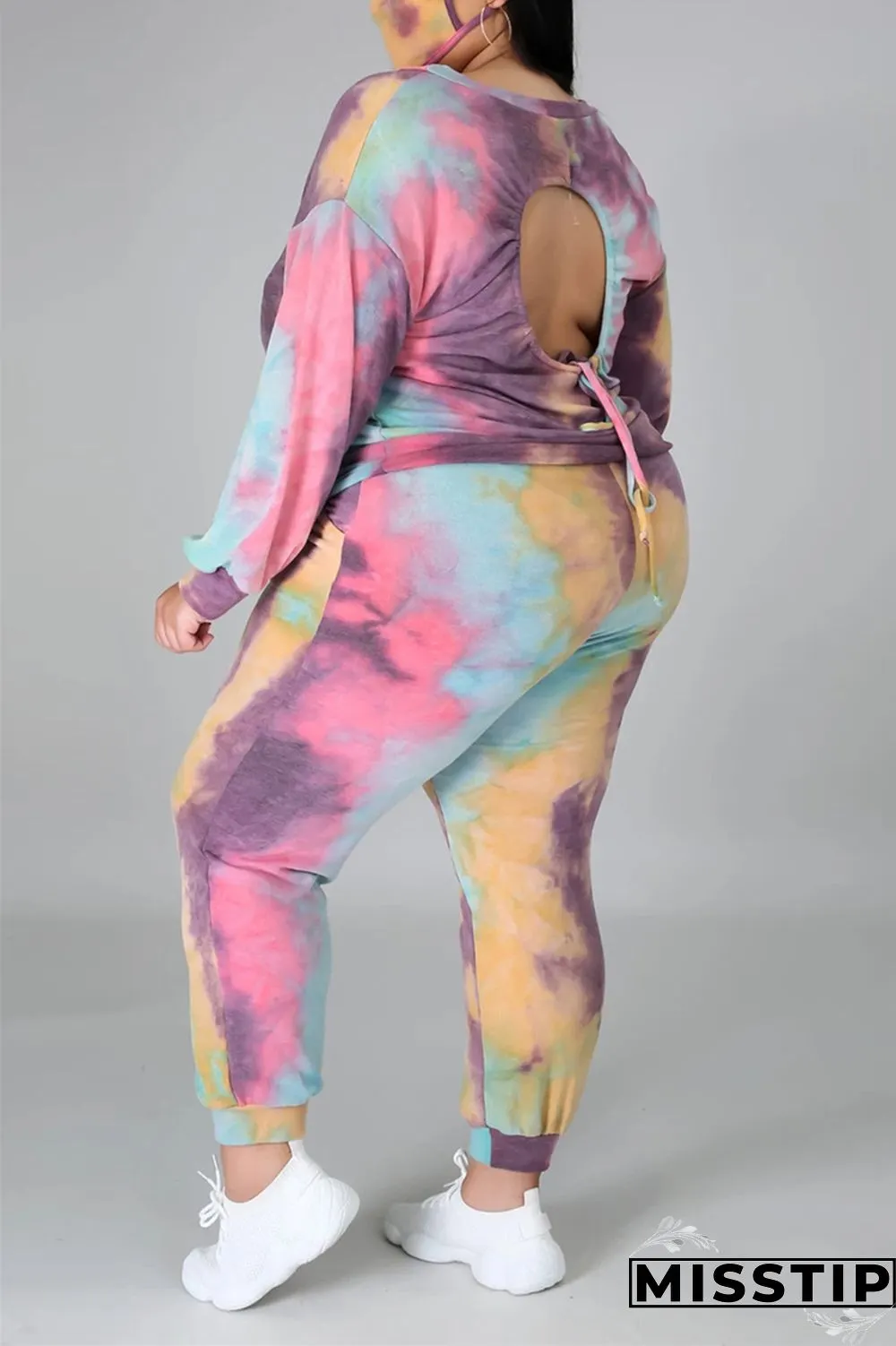 multicolor Fashion Casual Print Tie Dye Tie-dye Backless O Neck Plus Size Set