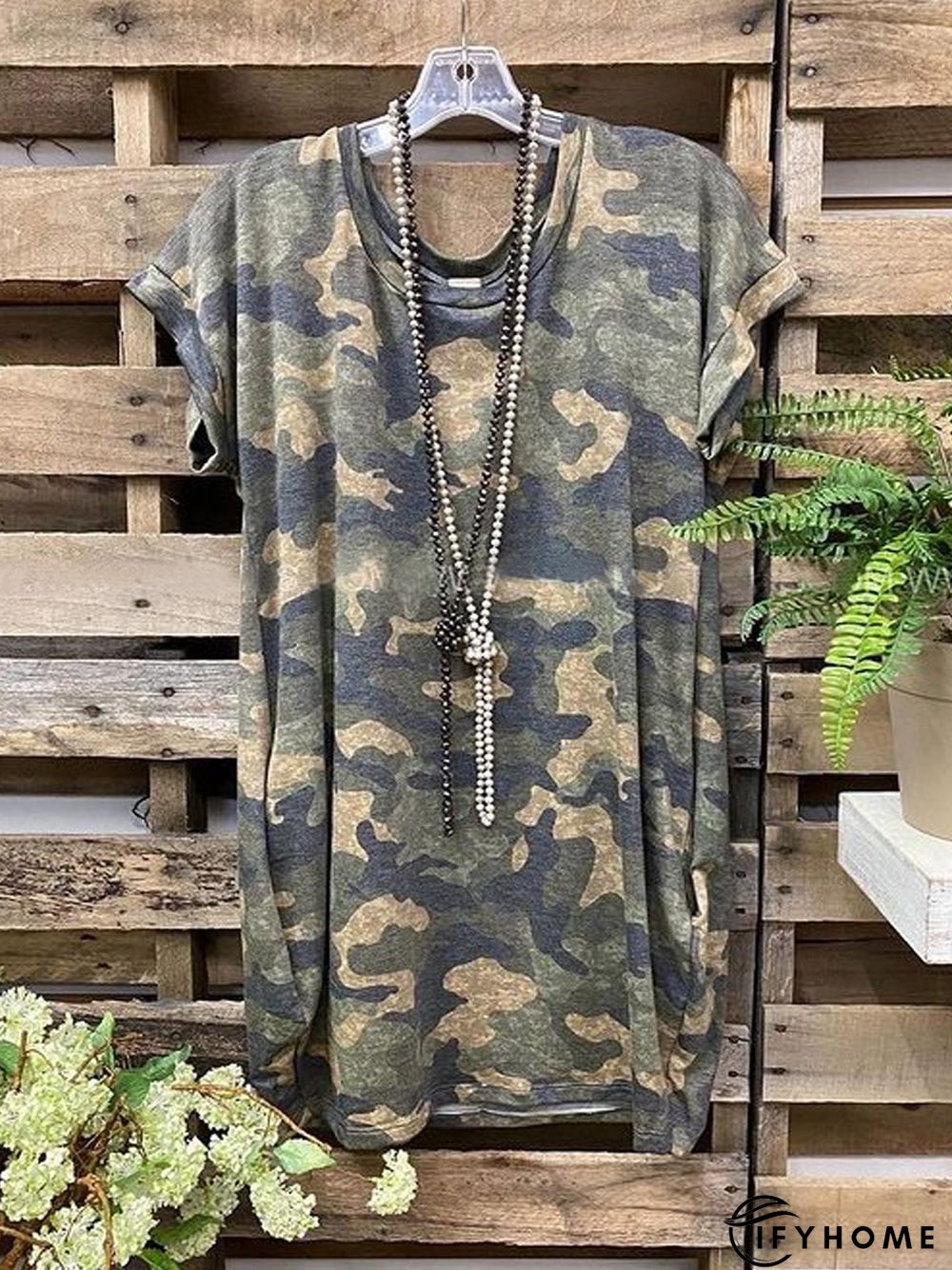 Camo Short Sleeve Printed Cotton-blend Crew Neck Casual Summer Olive Drab Top | IFYHOME